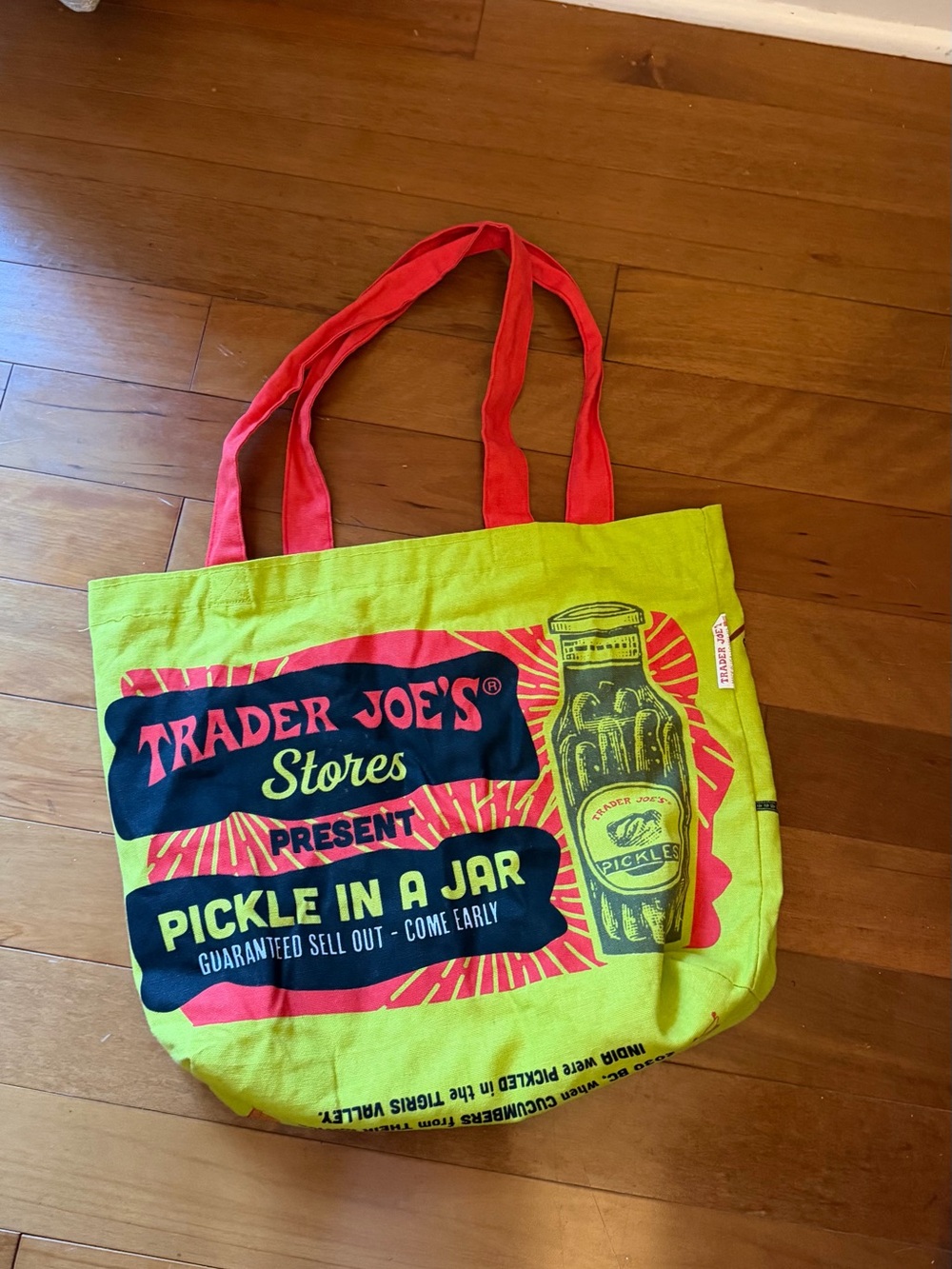 Trader Joe’s reusable PICKLES canvas tote bag in vibrant green - Picture 2 of 6